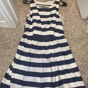 Navy and white striped open back dress